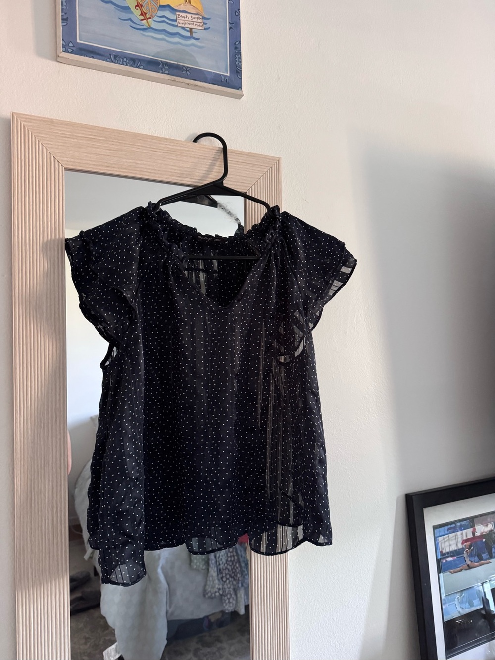 Banana Republic Black Polka Dot Ruffle Neck Blouse